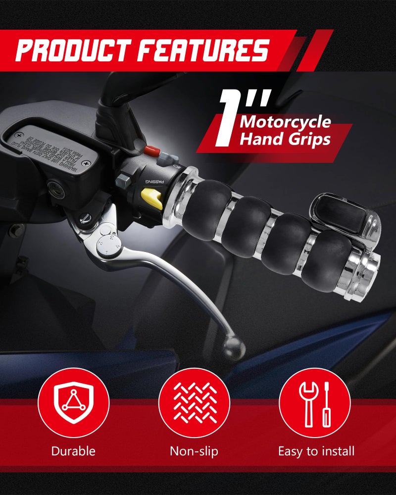 INNOGLOW Motorcycle Hand Grips 1" Universal Non-Slip Handgrips Handlebar Grips with Throttle Assist Chrome Black Aluminum Rubber for Harley Kawasiki Suzuki Cruisers - Image 4